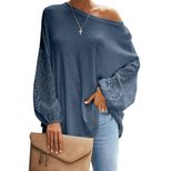Womens Loose Fit Hollow Out Long Sleeve Top Solid Color Off Shoulder Asymmetrical Neckline Sprin