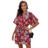 Plus Size Floral Print V Neck Batwing Sleeve High Waist Shirt Dress Trendy Design for Casual Out