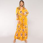 Long Sleeve Floral Print Dress for Women V Neck Tie Detail Spring and Summer Fashion