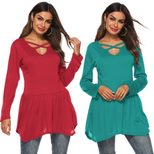 Womens Long Sleeve Cross Neck Solid Color Ruffle Hem T Shirt Casual Style Versatile Layering Who