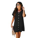 Ruffled Hem Short Skirt V Neck Button Down Short Sleeve Knee Length Casual Summer Dress Wholesal