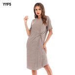 Loose Fit Solid Color Twisted Knot Irregular Midi Dress Short Sleeve Casual Style Summer Wear Wh