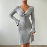 Elegant Gray Flared Sleeve Dress Slim Fit Minimalist Design Autumn Winter Style Wholesale Availa