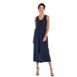 Womens Solid Color V Neck Jumpsuit Wrap Waist Adjustable Straps Wide Leg Three Quarter Length Ca