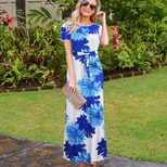 Womens Floral Print Maxi Dress Short Sleeve Round Neck Beachwear Available in Multiple Sizes Wholesale