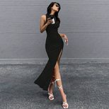 Sleeveless Round Neck Midi Dress Bodycon Fit Side Slit Summer Style Perfect for Casual Outings W