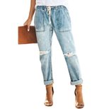 High Waisted Ripped Denim Jeans Slim Fit Distressed Adjustable Tie Autumn Fashion for Women Whol