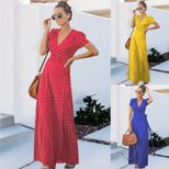 Summer Womens V Neck Floral Polka Dot Maxi Dress Short Sleeve Trendy Design Comfortable Fabric P