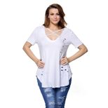 Womens Distressed T Shirt Loose Fit Short Sleeve Round Neck Solid Color Casual Wear