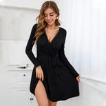 Sexy V Neck Lace Panel Knitted Long Sleeve Dress Elegant Design Comfortable Fit Perfect for Part