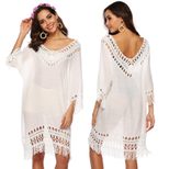 Deep V Hollow Out 3 4 Sleeve Fringe Patchwork Irregular Beach Cover Up Dress Lightweight Stylish
