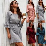 Fashionable Womens Dress Autumn Winter Collection 3 4 Sleeve Round Neck Trendy Design Wholesale