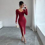 Vintage Burgundy Velvet Dress for Women Square Neck Puff Sleeves Slim Fit Side Slit Autumn Winte