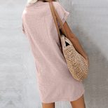 Solid Color Knee Length Dress for Women European Style V Neck Short Sleeve Loose Fit Summer Casu