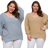Plus Size Womens Knitted Sweater V Neck Split Hem Loose Fit Spring Summer Casual Wear Wholesale