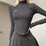 Womens T Shirt Invisible Zipper Stand Collar Casual Street Style Autumn Winter Collection