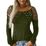Long Sleeve T Shirt for Women Solid Color with Rhinestone Detail Casual Fall Winter Wear