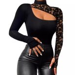 Lace Asymmetrical Long Sleeve T Shirt Off Shoulder Design Sexy Style Spring Autumn Wear Wholesal