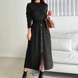 French Style Knitted Midi Dress Elegant Split Design Round Neck Long Sleeve Comfortable Fabric C