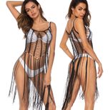 Sheer Lace Cami Dress Sexy Hollow Design Beaded Details Long Fringe Beach Cover Up for Summer Wh
