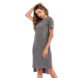 Womens Solid Color Midi Dress Short Sleeve Round Neck Side Slit Autumn Winter Fashion Wholesale