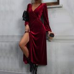 Velvet Midi Dress Elegant Wine Red Color Long Sleeve Party Wear Autumn Winter Collection Wholesa