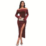 Elegant Midi Dress Sexy Celebrity Style Wine Red Color Autumn Winter Collection Wholesale Availa
