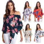 Off the Shoulder Crop Top Floral Print 3 4 Sleeve Casual Style Spring Fashion Wholesale Availabl