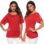 Plain Color Short Sleeve T Shirt Round Neck Off Shoulder Casual Style Perfect for Summer Wear Wh