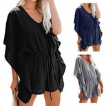 Solid Color Womens Jumpsuit V Neck Short Sleeve High Waist Loose Fit Casual Wear for Summer Whol