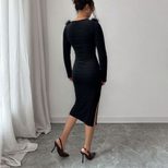 Black Plush Collar Long Dress for Women Slim Fit Side Slit Elegant Design Perfect for Autumn and