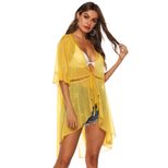 Sheer Loose Fit Ruffled Sleeve Beach Cover Up Adjustable Tie Sun Protection Lightweight Fabric S
