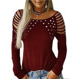 Long Sleeve T Shirt for Women Solid Color with Rhinestone Detail Casual Fall Winter Wear