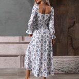 Floral Print Maxi Dress Square Neck High Waist Elegant Style Autumn Winter Collection Wholesale