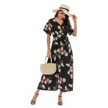 Floral Chiffon Dress V Neck Short Sleeve High Slit A Line Casual Beachwear Wholesale Available
