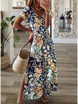 Floral Print V Neck Split Maxi Dress for Women Casual Vacation Style Available in Multiple Sizes Wholesale Supply