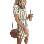 Color Block V Neck Short Sleeve Dress High Waist Knee Length Striped Design Casual Summer Wear W