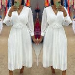 Long Sleeve Solid Color Waist Defined Pleated Maxi Dress for Women Elegant Casual Wear