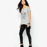 Geometric Print Off Shoulder T Shirt Short Sleeve Mid Length Stylish Design Casual Wear for Wome