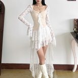 Womens Irregular Lace Trimmed Mini Dress Sexy Design Flared Sleeves Adjustable Ties Winter Fashi