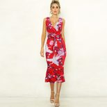 Womens Summer Floral Print V Neck Ruffled Bodycon Dress Available in Multiple Sizes Wholesale Ready to Ship