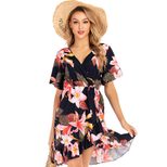 Womens Floral Print V Neck Dress Short Sleeve Casual Style Spring Collection Wholesale Available
