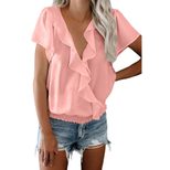 Womens Solid Color Pullover T Shirt V Neck Ruffle Short Sleeves Elastic Waist Summer Casual Wear