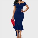Womens Summer Dress Short Sleeve Off Shoulder V Neck Irregular Hem Long Dress Casual Wear