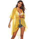 Sheer Loose Fit Ruffled Sleeve Beach Cover Up Adjustable Tie Sun Protection Lightweight Fabric S