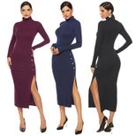 Long Sleeve Knitted Dress for Women Solid Color Side Slit Slim Fit Casual Autumn Winter Wear