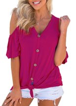 Womens Off Shoulder V Neck Button Knot Short Sleeve T Shirt Casual Fit Lightweight Fabric Summer Wear Wholesale