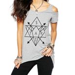 Geometric Print Off Shoulder T Shirt Short Sleeve Mid Length Stylish Design Casual Wear for Wome