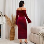Elegant Midi Dress Sexy Celebrity Style Wine Red Color Autumn Winter Collection Wholesale Availa