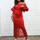 Off Shoulder Lace Trimmed Evening Dress Lantern Sleeves Elegant Design Perfect for Parties Whole